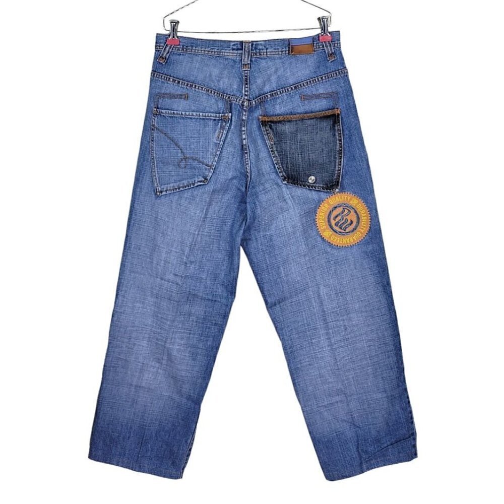 Rocawear Jeans Men Sz 32 32X28 Relaxed Fit Patch Straight Wide Leg Large Pockets